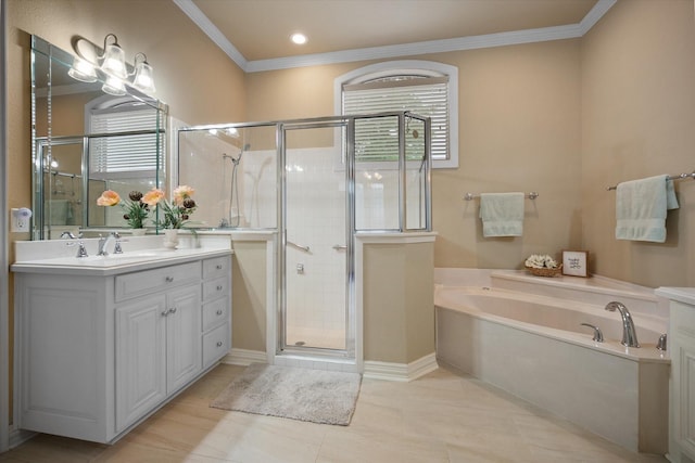 5505 Moorewood Dr, Arlington, TX 76017 - full bath featuring vanity, a bath, a stall shower, crown molding, and tile patterned flooring