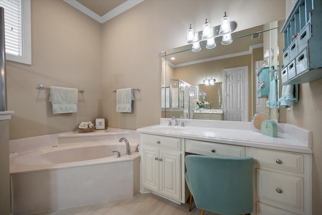 5505 Moorewood Dr, Arlington, TX 76017 - full bath featuring ornamental molding, a garden tub, vanity, and a shower stall