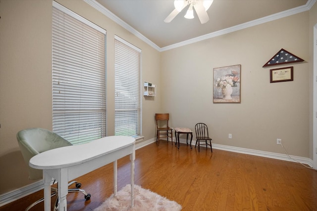 5505 Moorewood Dr, Arlington, TX 76017 - office space featuring ceiling fan, ornamental molding, light wood-style flooring, and baseboards