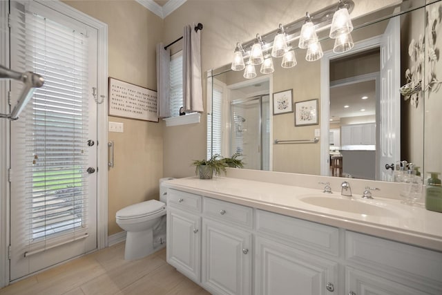 5505 Moorewood Dr, Arlington, TX 76017 - full bathroom with toilet, a shower stall, vanity, and crown molding