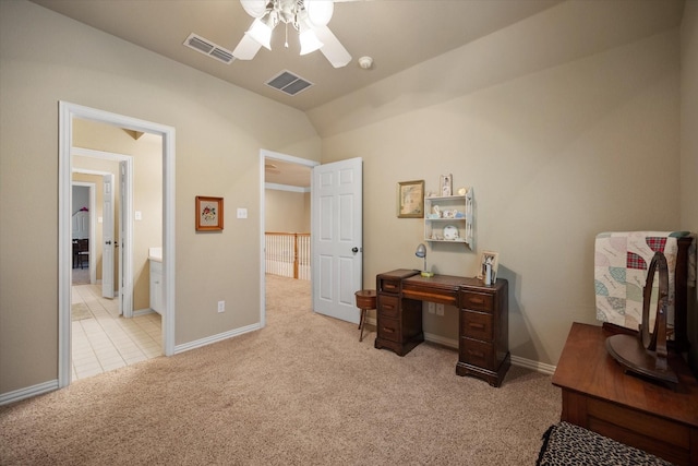5505 Moorewood Dr, Arlington, TX 76017 - office space with light colored carpet, a ceiling fan, baseboards, and lofted ceiling
