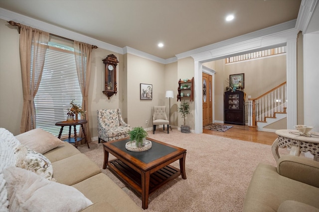 5505 Moorewood Dr, Arlington, TX 76017 - carpeted living area featuring ornamental molding, stairs, baseboards, and recessed lighting