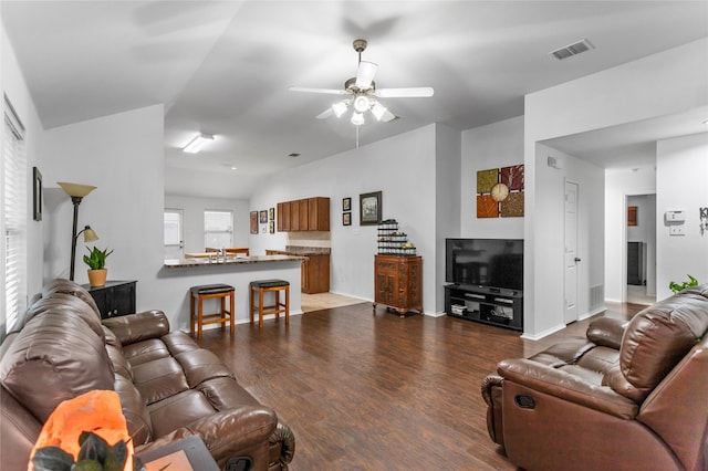 12701 Seagull Way, Frisco, TX 75036 - living room with a ceiling fan, dark wood-style flooring, and baseboards
