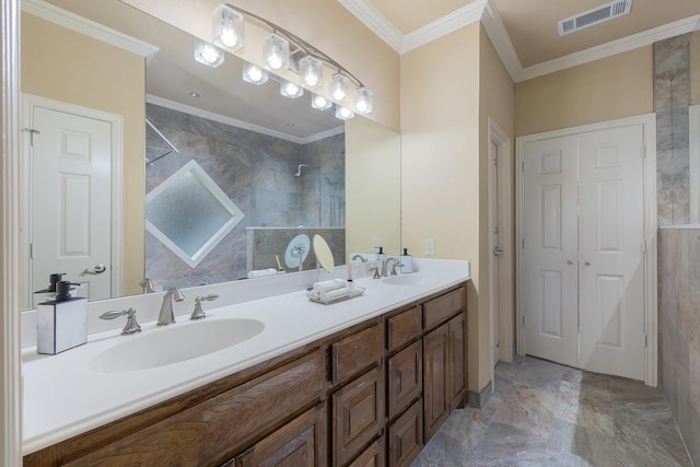 18 Oxford Way, Allen, TX 75002 - full bath with double vanity, walk in shower, crown molding, and marble tiled flooring
