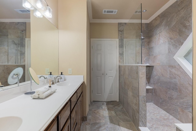 18 Oxford Way, Allen, TX 75002 - full bath with crown molding, double vanity, a walk in shower, and marble finish floors