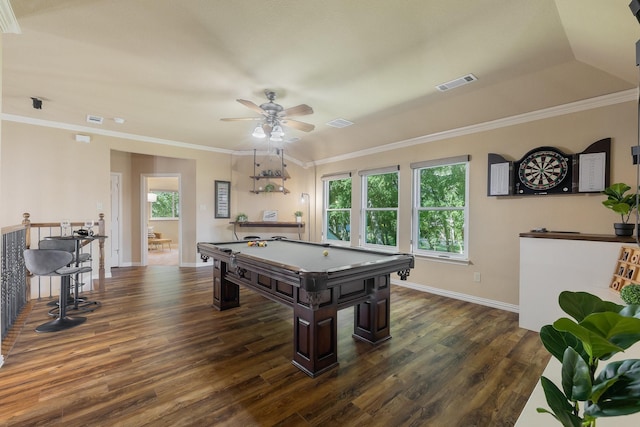 18 Oxford Way, Allen, TX 75002 - game room featuring pool table, dark wood-style flooring, a ceiling fan, baseboards, and crown molding