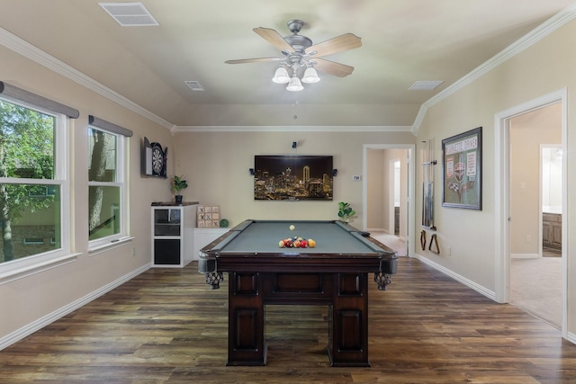 18 Oxford Way, Allen, TX 75002 - game room with dark wood-type flooring, billiards table, a ceiling fan, ornamental molding, and baseboards