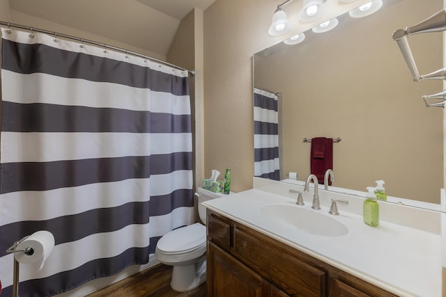 18 Oxford Way, Allen, TX 75002 - full bathroom with toilet, vanity, wood finished floors, curtained shower, and vaulted ceiling