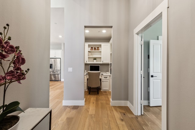 3900 Dalea Dr, Prosper, TX 75078 - hallway with light wood-style flooring, an office area, recessed lighting, and baseboards