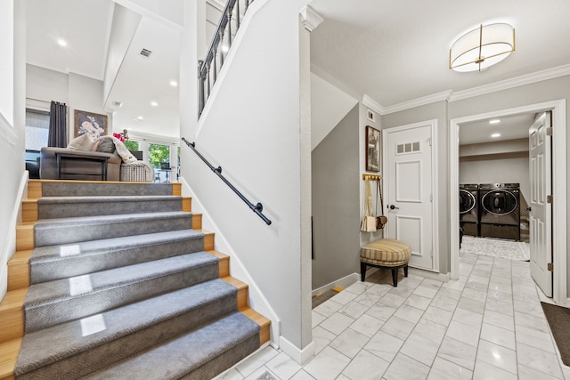 510 Columbia Dr, Rockwall, TX 75032 - stairway featuring separate washer and dryer, marble look tile flooring, baseboards, ornamental molding, and recessed lighting