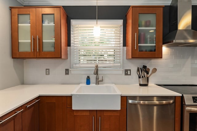 9914 Woodgrove Dr, Dallas, TX 75218 - kitchen with exhaust hood, appliances with stainless steel finishes, a sink, and brown cabinetry