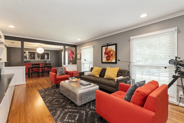 9914 Woodgrove Dr, Dallas, TX 75218 - living room featuring ornamental molding, wood finished floors, and recessed lighting