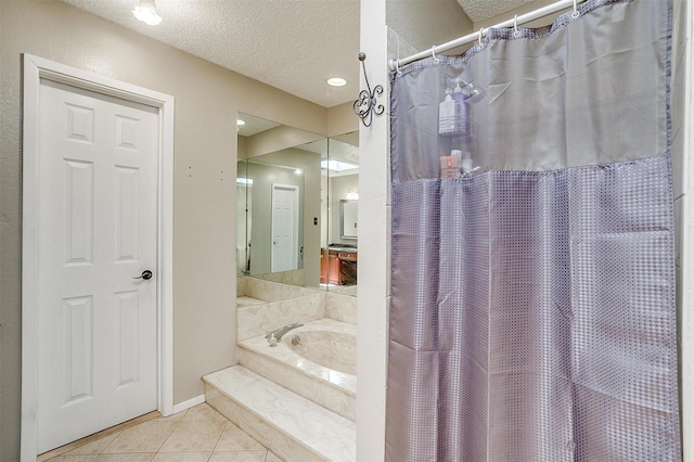 1312 Robyn Rd, Azle, TX 76020 - bathroom with a textured ceiling, tile patterned flooring, a tub, and a shower with shower curtain