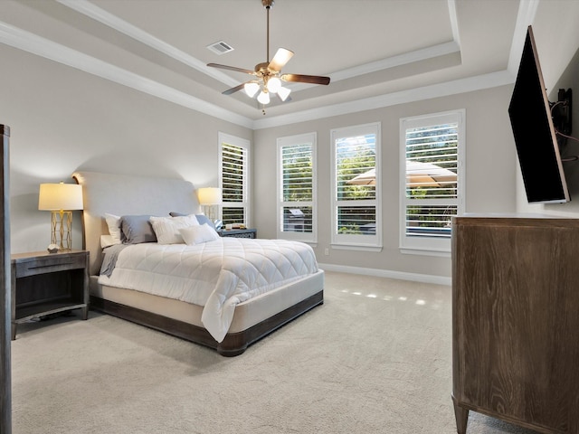 318 Arcadia Way, Rockwall, TX 75087 - carpeted bedroom featuring a raised ceiling, crown molding, baseboards, and ceiling fan