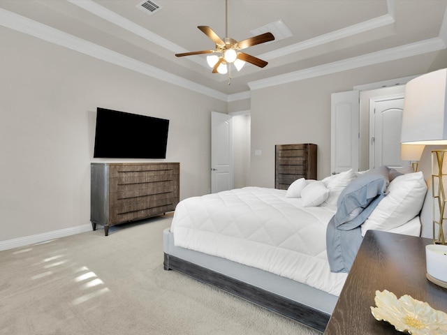 318 Arcadia Way, Rockwall, TX 75087 - bedroom featuring a raised ceiling, carpet flooring, crown molding, baseboards, and a ceiling fan