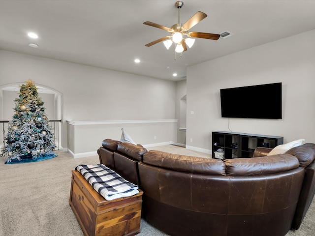 318 Arcadia Way, Rockwall, TX 75087 - carpeted living room with ceiling fan, baseboards, and recessed lighting