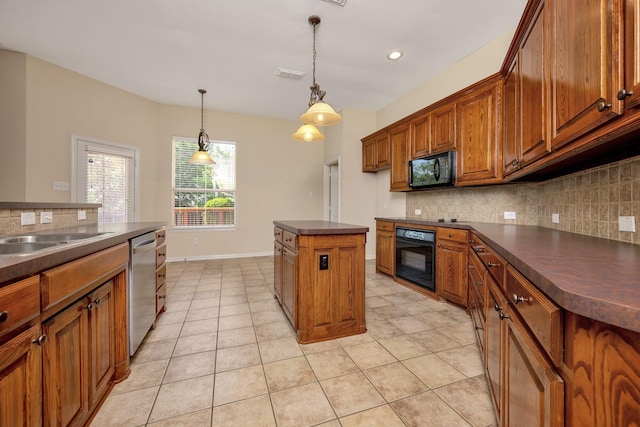 8256 Bridge St, North Richland Hills, TX 76180 - kitchen featuring black appliances, dark countertops, tasteful backsplash, brown cabinetry, and recessed lighting