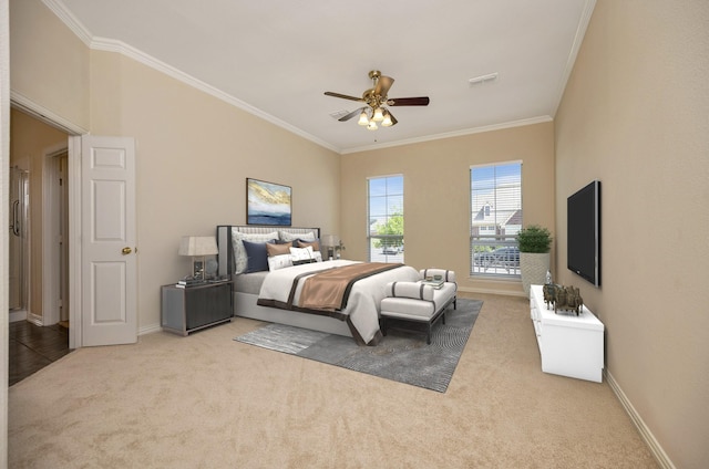 8256 Bridge St, North Richland Hills, TX 76180 - bedroom with ornamental molding, carpet, baseboards, and a ceiling fan