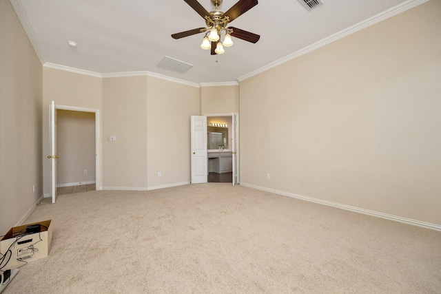 8256 Bridge St, North Richland Hills, TX 76180 - unfurnished bedroom featuring crown molding, baseboards, light colored carpet, and ceiling fan