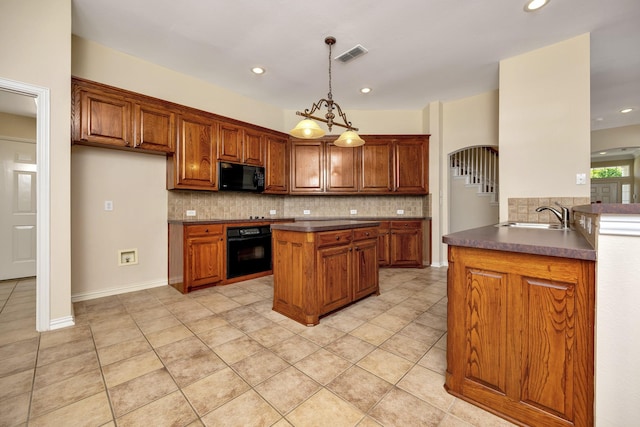 8256 Bridge St, North Richland Hills, TX 76180 - kitchen featuring black appliances, dark countertops, brown cabinetry, decorative backsplash, and recessed lighting