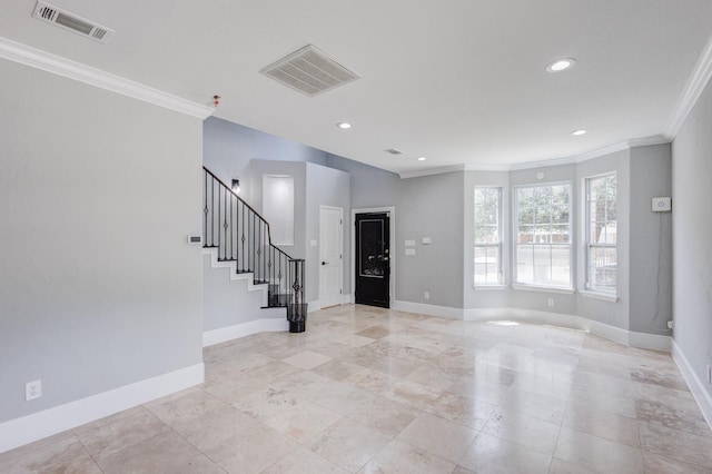 3005 S Jennings Ave, Fort Worth, TX 76110 - foyer featuring crown molding, baseboards, stairs, and recessed lighting