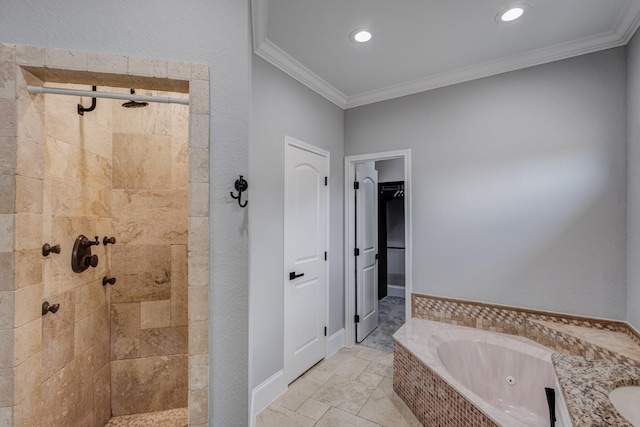 3005 S Jennings Ave, Fort Worth, TX 76110 - full bath with a tub with jets, crown molding, a tile shower, a spacious closet, and recessed lighting