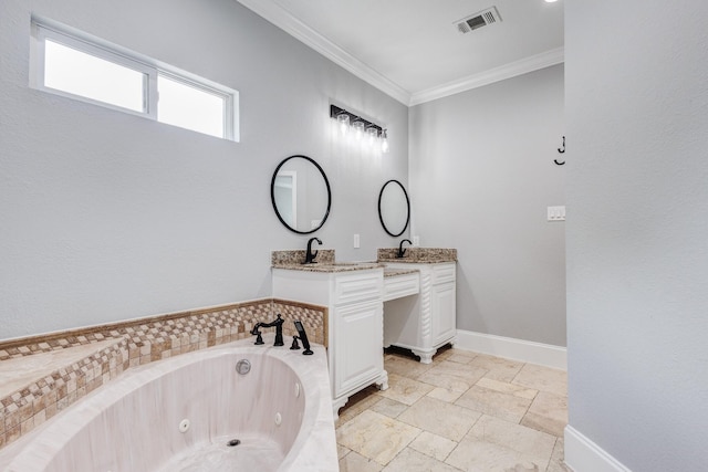 3005 S Jennings Ave, Fort Worth, TX 76110 - bathroom with double vanity, crown molding, a jetted tub, stone tile floors, and baseboards