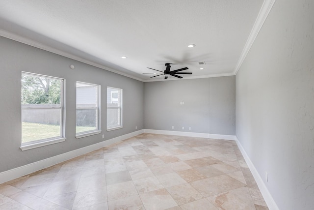 3005 S Jennings Ave, Fort Worth, TX 76110 - unfurnished room with ornamental molding, recessed lighting, ceiling fan, baseboards, and light tile patterned floors