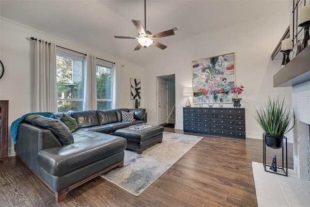 7709 Westwind Dr, Fort Worth, TX 76179 - living room with lofted ceiling, ceiling fan, wood finished floors, a fireplace, and stairway