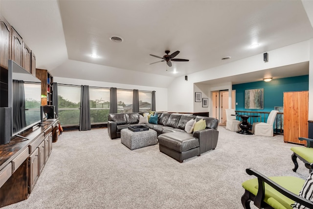 7709 Westwind Dr, Fort Worth, TX 76179 - living area with light carpet, a ceiling fan, and vaulted ceiling