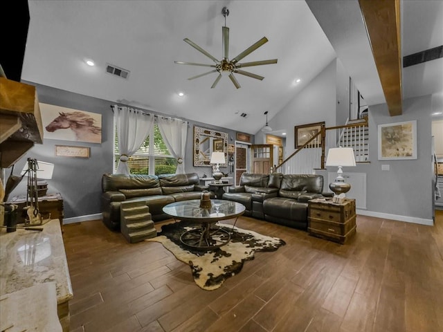 7409 Harbor Dr, Rowlett, TX 75088 - living area featuring ceiling fan, stairway, wood finished floors, baseboards, and high vaulted ceiling