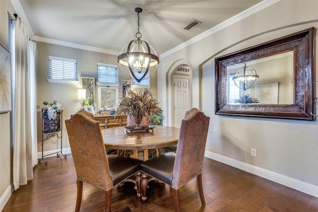 2801 Adams Dr, Melissa, TX 75454 - dining space featuring a chandelier, crown molding, baseboards, and wood finished floors