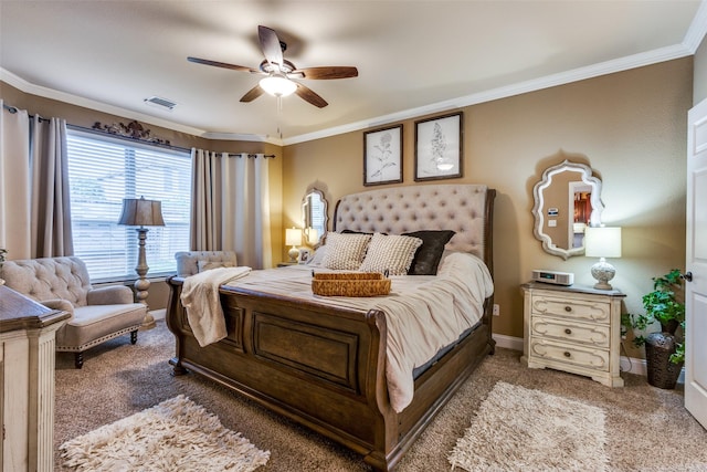2801 Adams Dr, Melissa, TX 75454 - bedroom with carpet floors, ornamental molding, a ceiling fan, and baseboards