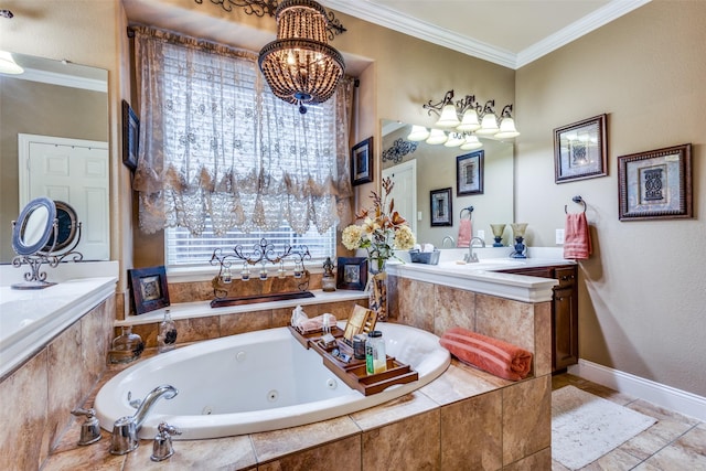 2801 Adams Dr, Melissa, TX 75454 - bathroom with a whirlpool tub, a chandelier, vanity, ornamental molding, and baseboards