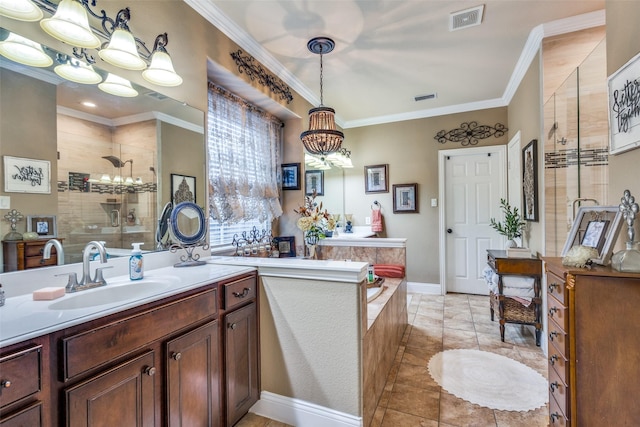 2801 Adams Dr, Melissa, TX 75454 - bathroom featuring a chandelier, a stall shower, vanity, ornamental molding, and a bath