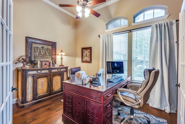 2801 Adams Dr, Melissa, TX 75454 - office space featuring crown molding, ceiling fan, and hardwood / wood-style flooring