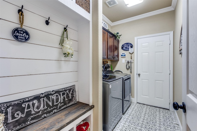 2801 Adams Dr, Melissa, TX 75454 - laundry room featuring washer and clothes dryer, cabinet space, crown molding, baseboards, and light tile patterned flooring