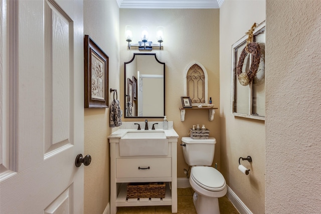 2801 Adams Dr, Melissa, TX 75454 - half bath with toilet, vanity, crown molding, tile patterned floors, and baseboards