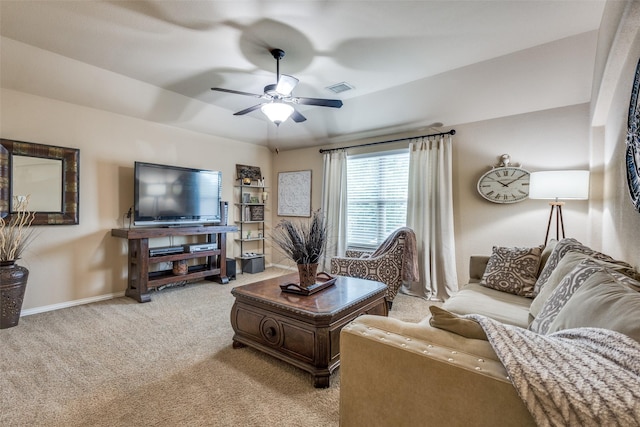 2801 Adams Dr, Melissa, TX 75454 - living room with light colored carpet, ceiling fan, and baseboards