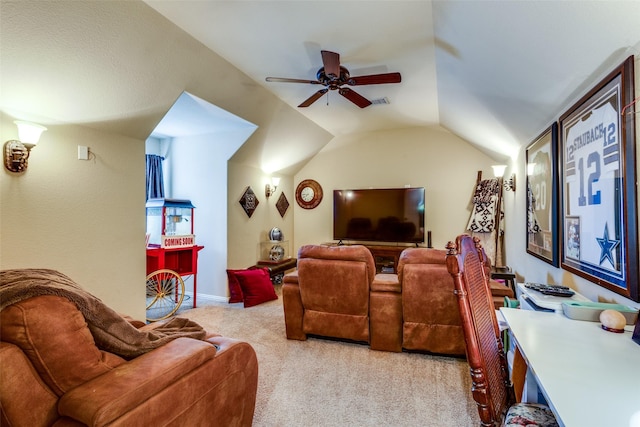 2801 Adams Dr, Melissa, TX 75454 - cinema with light colored carpet, a ceiling fan, and vaulted ceiling