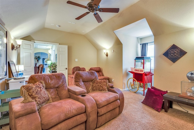 2801 Adams Dr, Melissa, TX 75454 - cinema room featuring a ceiling fan, carpet flooring, and lofted ceiling
