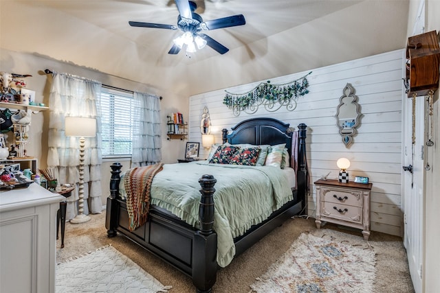 2801 Adams Dr, Melissa, TX 75454 - carpeted bedroom featuring a ceiling fan and wood walls