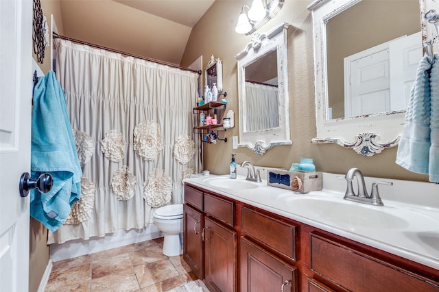 2801 Adams Dr, Melissa, TX 75454 - full bath featuring double vanity, toilet, a shower with curtain, and stone finish floors