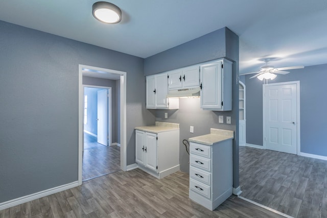 901 E Walnut St, Hillsboro, TX 76645 - kitchen with light countertops, wood finished floors, under cabinet range hood, ceiling fan, and white cabinets