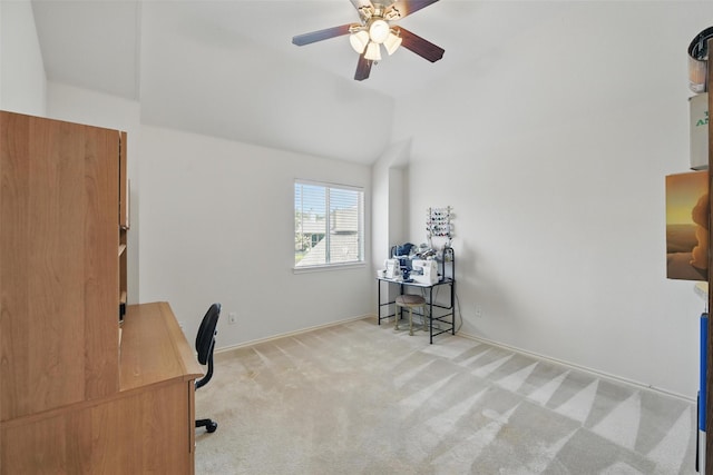 9829 Crawford Farms Dr, Fort Worth, TX 76244 - home office with a ceiling fan, carpet, lofted ceiling, and baseboards