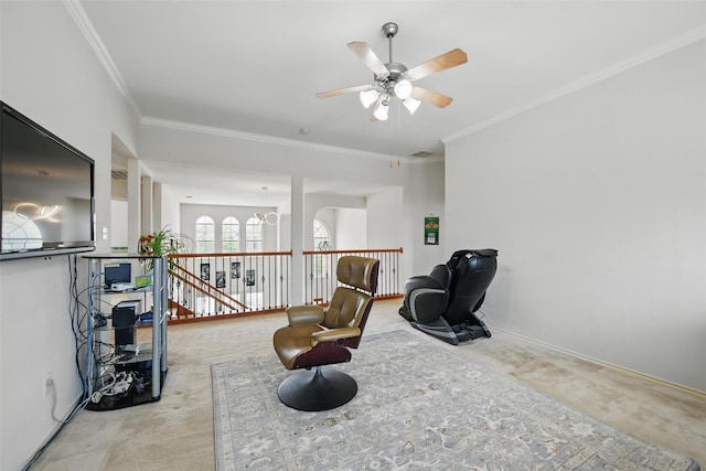 9829 Crawford Farms Dr, Fort Worth, TX 76244 - sitting room with ceiling fan, carpet flooring, crown molding, and an upstairs landing