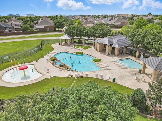 9829 Crawford Farms Dr, Fort Worth, TX 76244 - community pool featuring a gazebo, a water play area, a patio, and a residential view