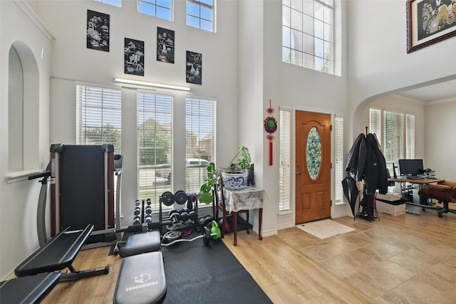 9829 Crawford Farms Dr, Fort Worth, TX 76244 - entryway featuring arched walkways, a towering ceiling, plenty of natural light, wood finished floors, and baseboards