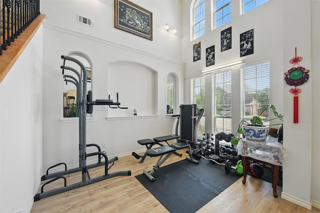 9829 Crawford Farms Dr, Fort Worth, TX 76244 - workout room with wood finished floors, a high ceiling, and baseboards