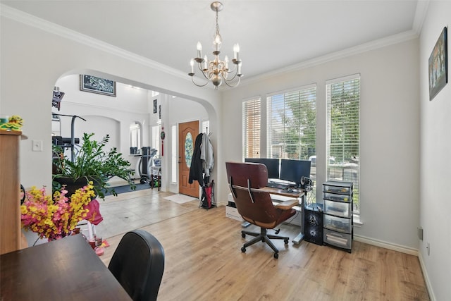 9829 Crawford Farms Dr, Fort Worth, TX 76244 - office space featuring arched walkways, a chandelier, crown molding, baseboards, and wood finished floors